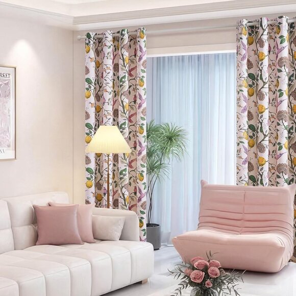 Floral Lemon Hummingbird Curtains Patterned Waverly Mid-Century Style - Picture 5 of 7